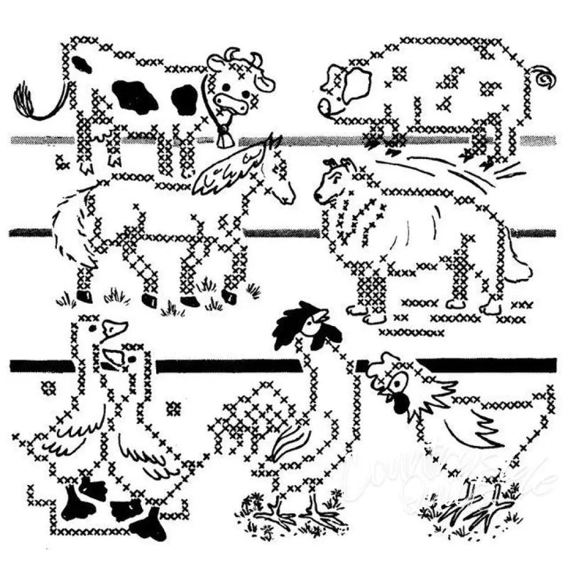 Cross-stitched farmyard animals on Aunt Marthas® countryside quilts for embroidery projects