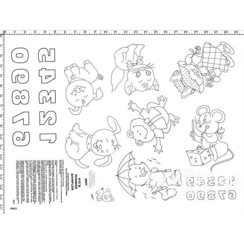 Aunt Martha’s® Kid’s Number Sampler embroidery pattern with cartoon animal design for countryside quilts