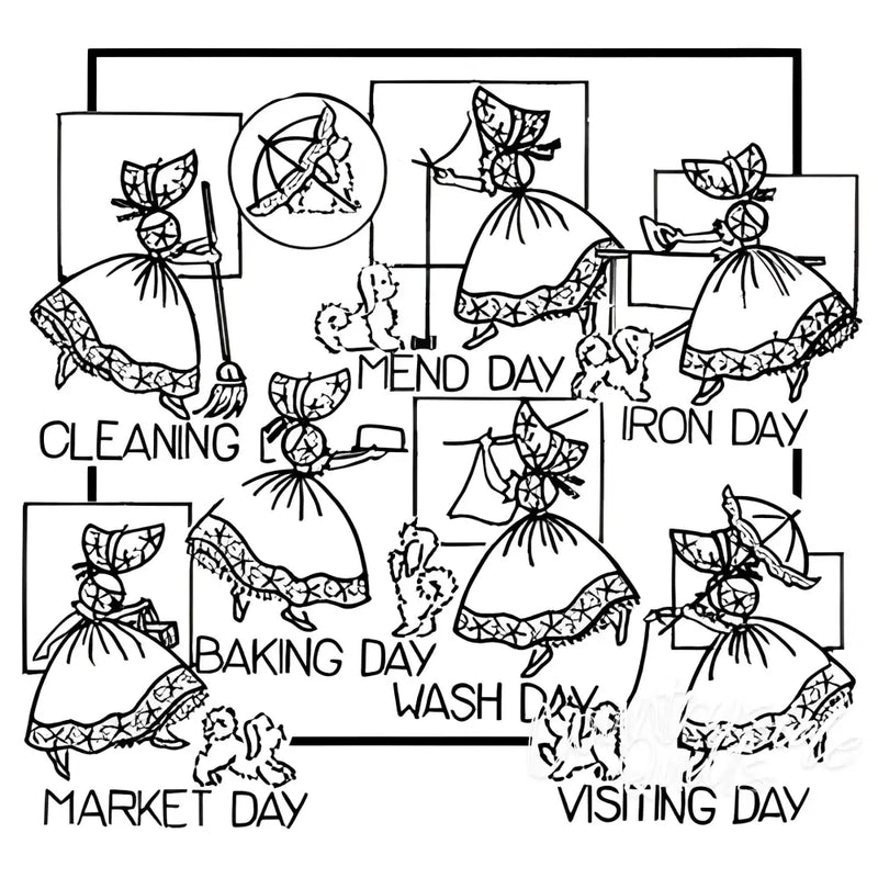 Vintage daily chore illustrations featuring colonial girl and puppy on Aunt Marthas® quilt