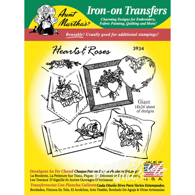 Aunt Marthas® Hearts & Roses iron-on transfer sheet for countryside quilts display