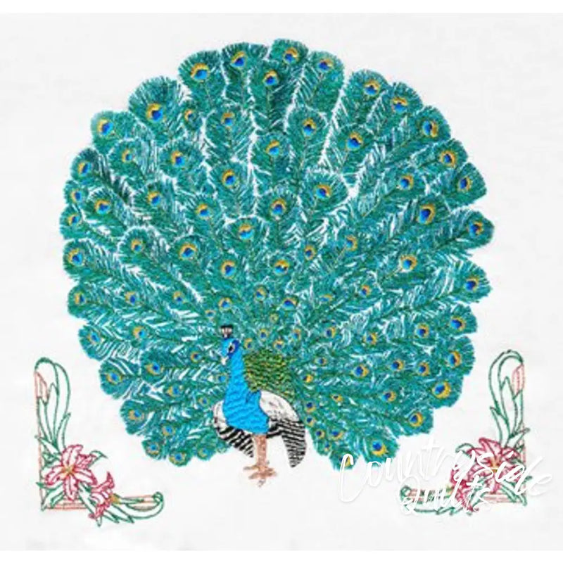 Embroidered handsome peacock with floral accents on Aunt Martha’s® countryside quilts