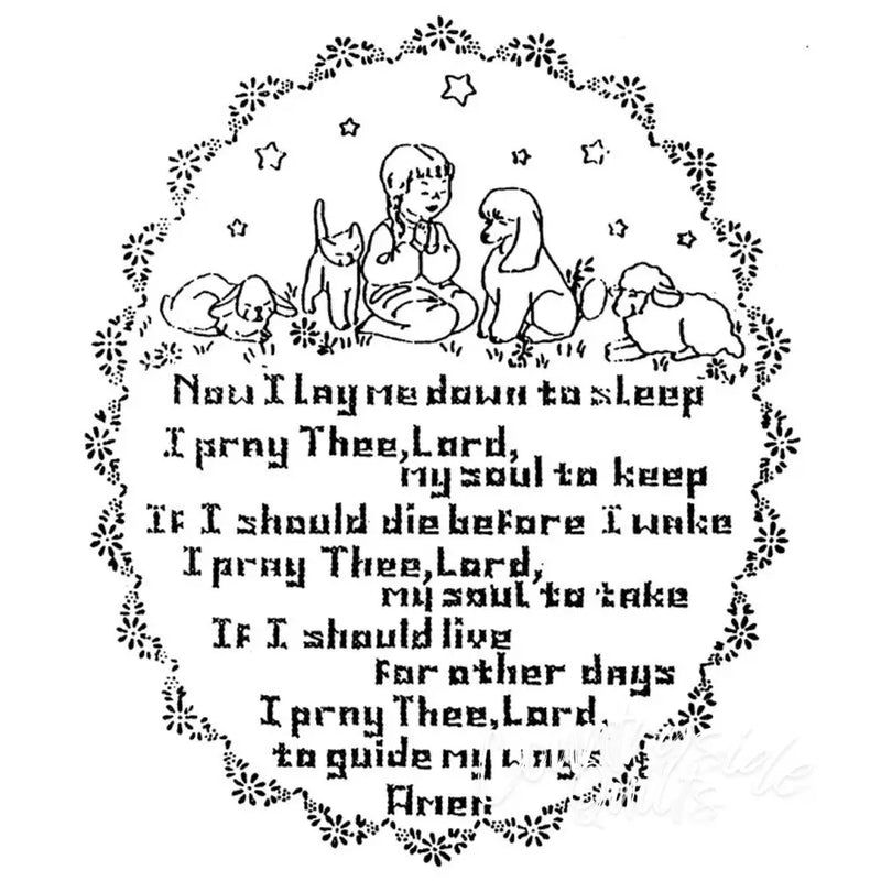 Embroidered prayer sampler from Aunt Marthas® Childs Prayer featuring countryside quilts