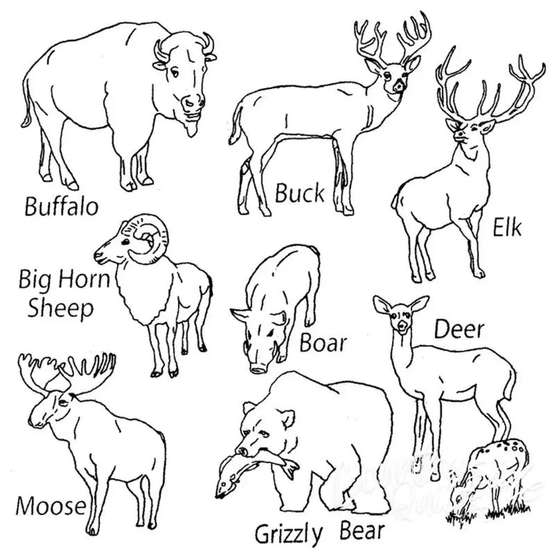 Line drawing of various big game animals for Aunt Martha’s® countryside quilts