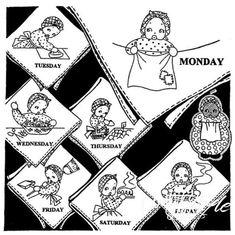 Days-of-the-week handkerchief set from Aunt Martha’s® The Merry Maid for countryside quilts