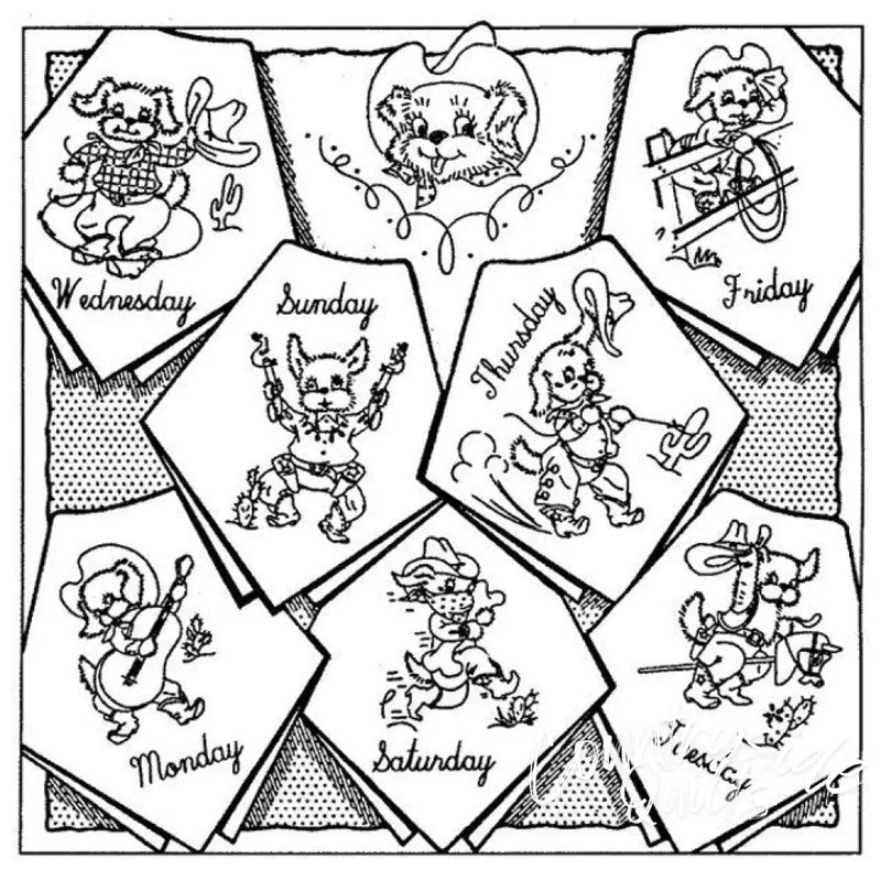 Cartoon dog days of the week embroidery pattern for countryside quilts by Aunt Martha’s®