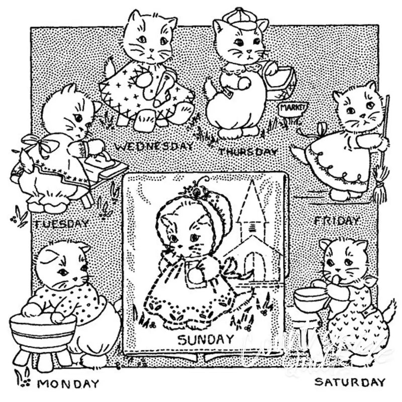 Illustration of kitten chores for Aunt Martha’s® countryside quilts featuring kitten-themed days of the week
