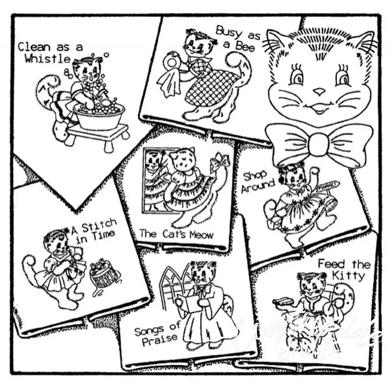 Cartoon cat embroidery patterns from Aunt Marthas Cat Tales collection for countryside quilts