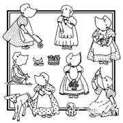 Duck-billed bonneted figures from Aunt Martha’s® Bonnie Bonnet Too collection for countryside quilts