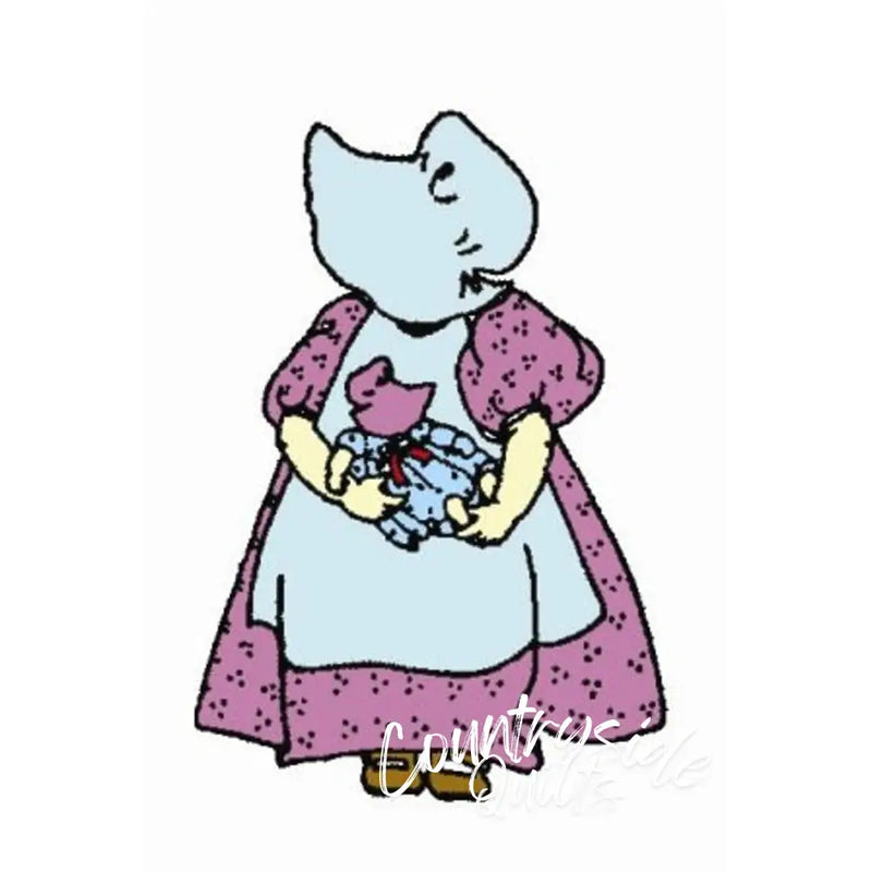 Cartoon elephant holding a doll from Aunt Martha’s® Bonnie Bonnet collection with countryside quilts