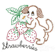 Embroidered veggie pup with strawberries on Aunt Martha’s® countryside quilts for the Fruit and Veggie Pup