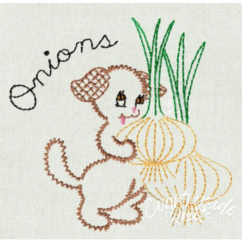 Embroidered veggie pup with onions on Aunt Marthas® countryside quilts for Fruit and Veggie Pup