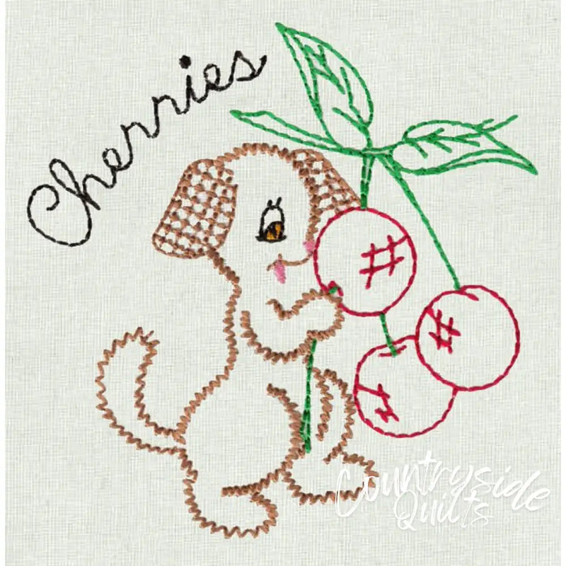 Embroidered veggie pup with cherries on Aunt Marthas countryside quilts for the Fruit and Veggie Pup