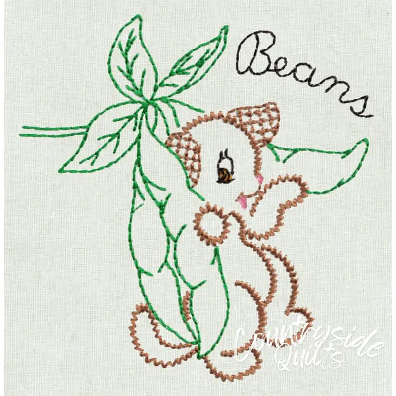 Embroidered bean character on Aunt Marthas® countryside quilts Veggie Pup product