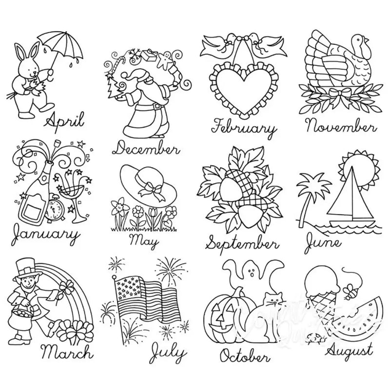 Monthly calendar illustrations for Aunt Martha’s® Monthly Madness featuring countryside quilts