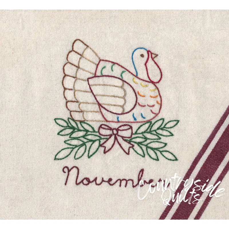 Embroidered Thanksgiving turkey design from Aunt Martha’s® Monthly Madness collection for countryside quilts