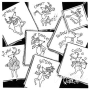 Cartoon reindeer cards from Aunt Martha’s® Reindeer Games collection with countryside quilts design