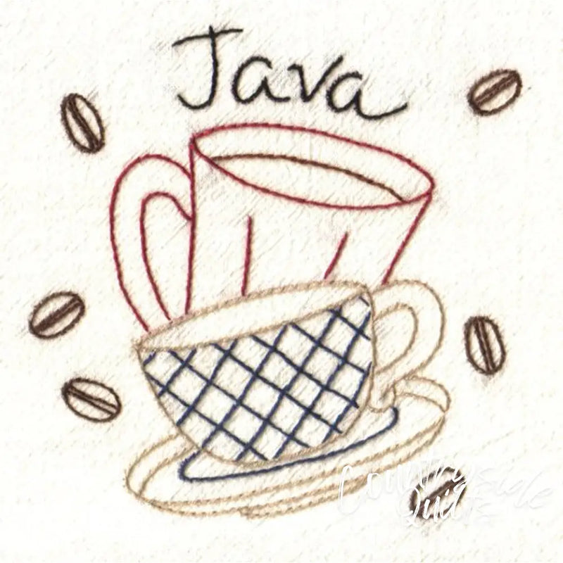 Embroidered coffee cups and beans on Aunt Martha’s® Java Break countryside quilts