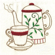 Embroidered teapot and teacup design from Aunt Marthas Java Break for countryside quilts