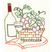 Embroidered wine still life on Aunt Marthas® Wine Country countryside quilt