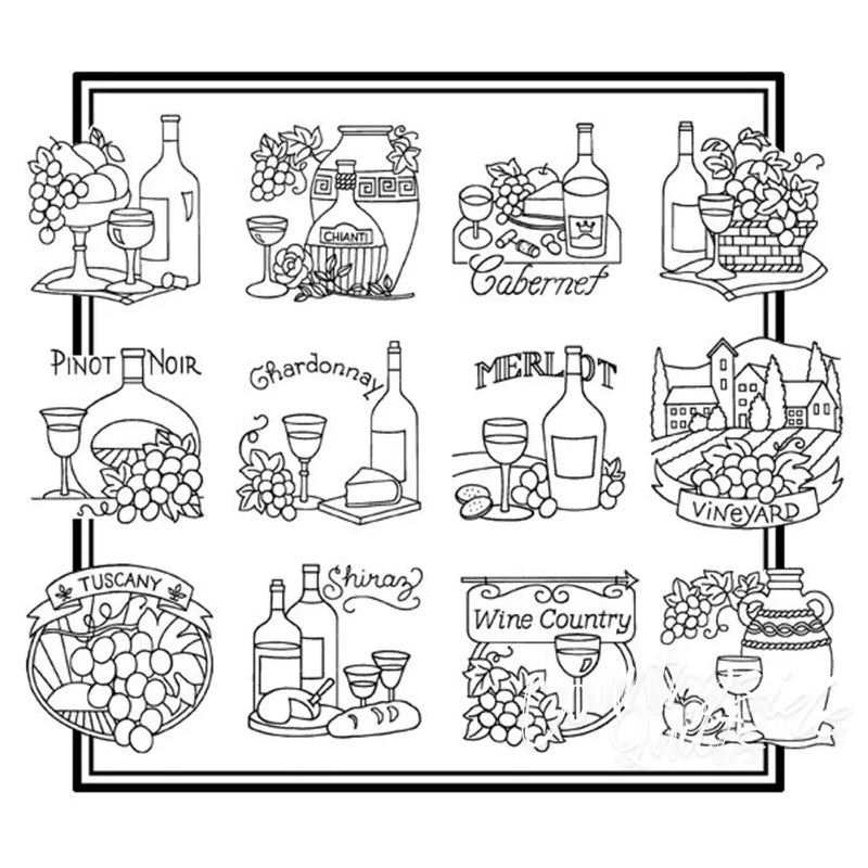 Wine country themed illustrations on Aunt Martha’s® countryside quilts for wine enthusiasts