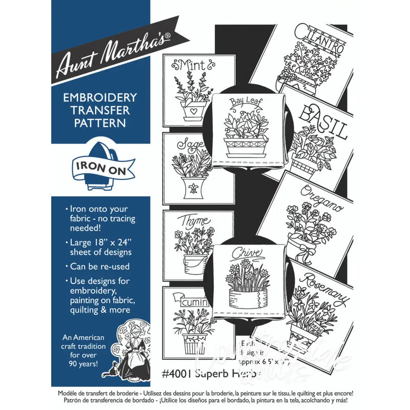 Embroidery transfer pattern featuring superb herbs for Aunt Martha’s® countryside quilts
