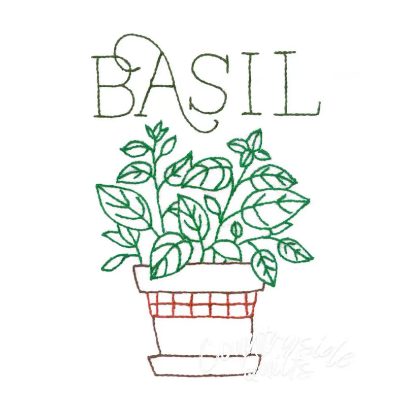 Basil plant embroidery from Aunt Martha’s® Superb Herbs collection on countryside quilts