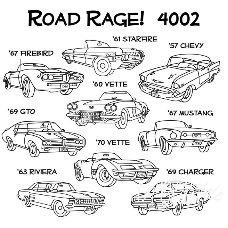 Illustration of classic cars for Aunt Martha’s® Road Rage countryside quilts project