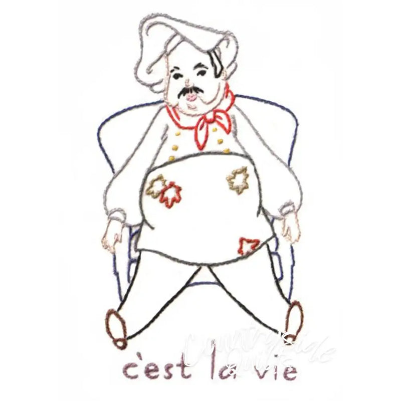 Embroidered chef sitting in a chair on Aunt Marthas® countryside quilts for compare select