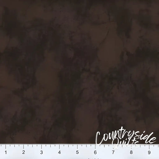 Dark brown mottled fabric with a ruler, showcasing 108’’ Marble - Chocolate design