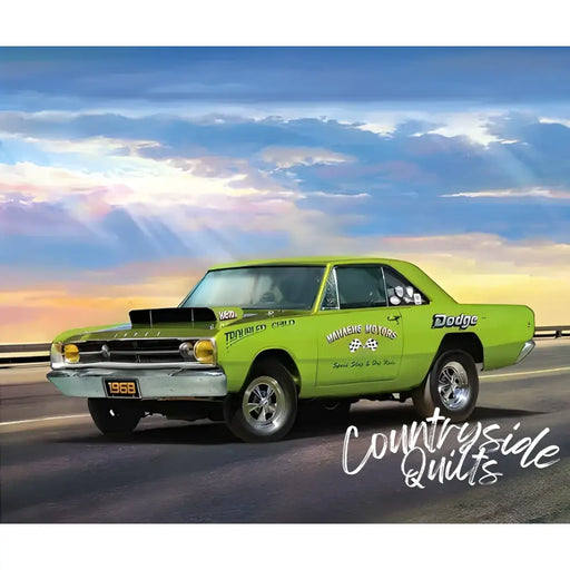 Lime green 1968 Dodge Dart with racing decals on Dodge Dart fabric panel design