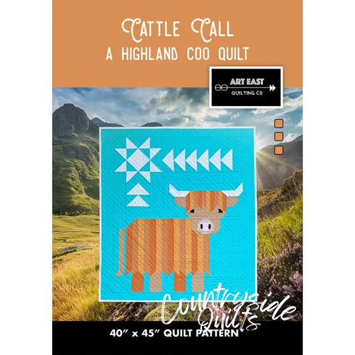 Quilt pattern featuring a geometric Highland Coo on a turquoise background
