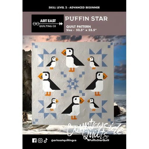 Puffin Star Quilt pattern featuring puffins and blue star blocks by Art East Quilting
