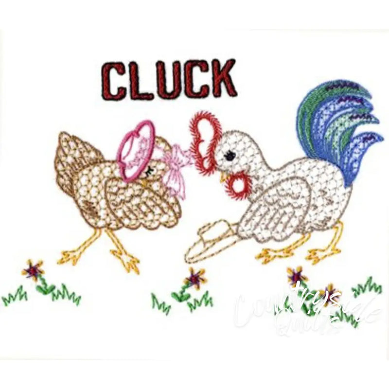 Two chickens in pink accessories exemplifying Aunt Martha’s Barnyard Romance theme