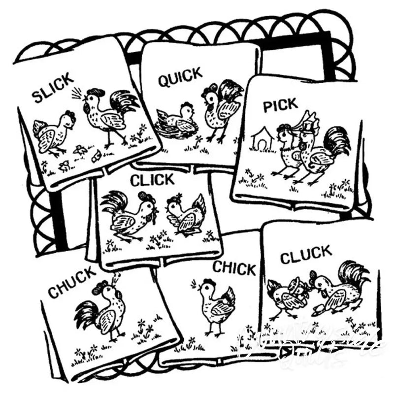 Collection of cartoon chicken illustrations with rhyming labels from Aunt Martha’s Barnyard Romance