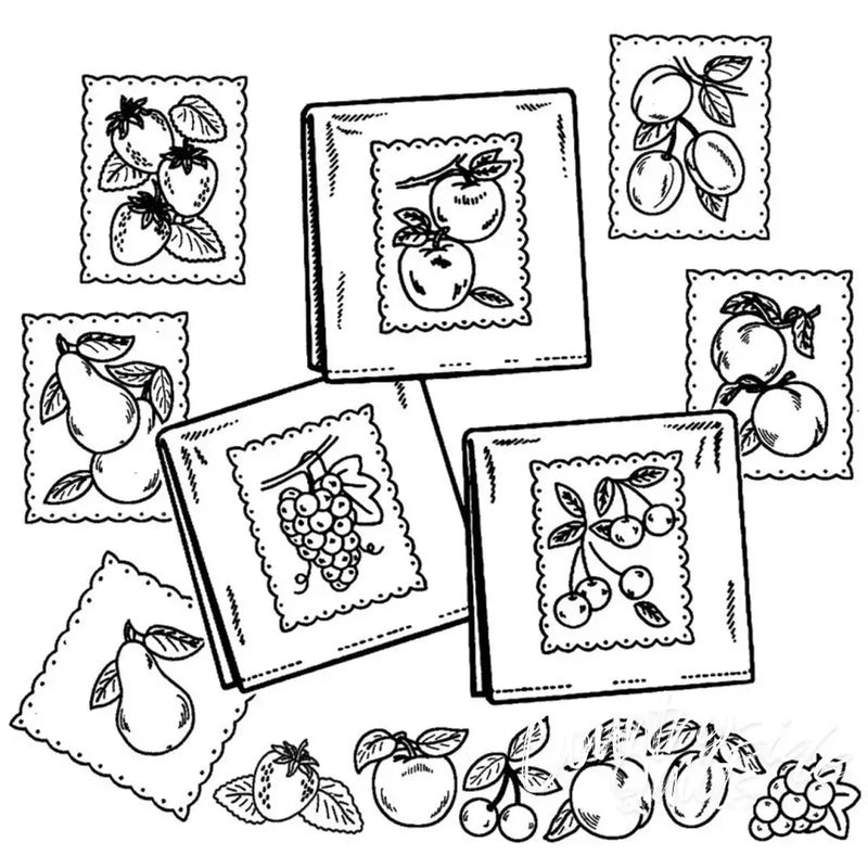 Collection of framed fruit sketches and loose fruit drawings on Aunt Martha’s fruit tea towels