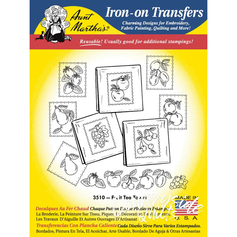 Iron-on transfer pattern sheet with fruit designs for Aunt Martha’s Fruit Tea Towels