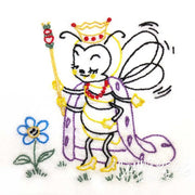 Whimsical cartoon cat in crown and robe, perfect for Aunt Martha’s Busy Bee collection