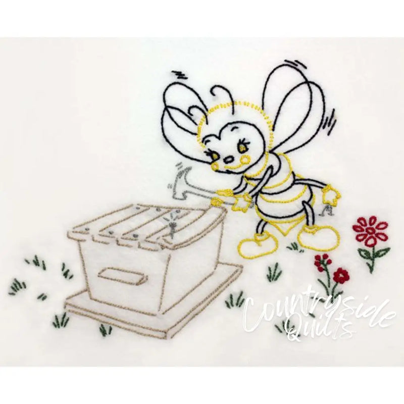 Cute cartoon bee near a beehive box from Aunt Martha’s Busy Bee collection