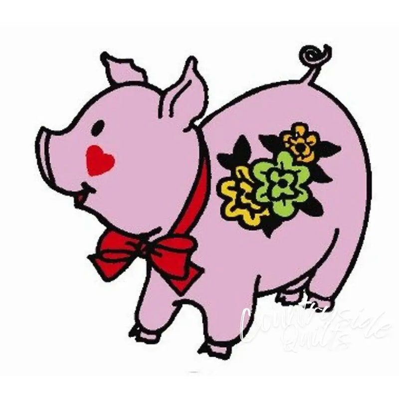 Pink pig with red bow tie and yellow flowers, part of Aunt Martha’s Hearty Pigs collection