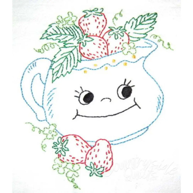 Smiling teapot with strawberries and leaves from Aunt Martha’s Animated Crockery