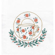 Floral Teacups by Aunt Martha’s featuring coral flowers and green leaves embroidery