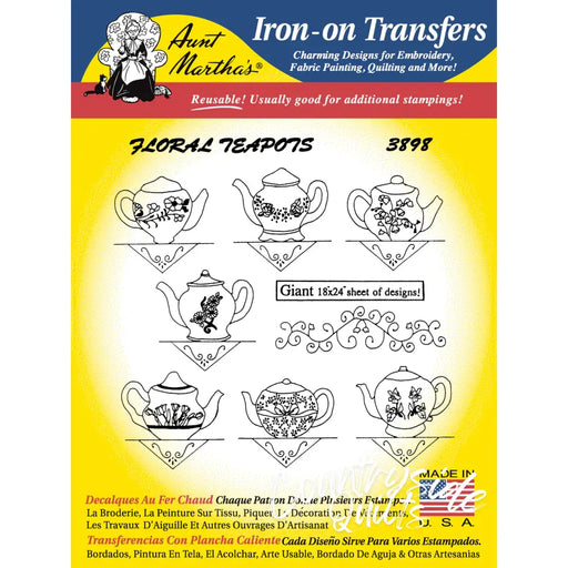 Iron-on transfer pattern sheet showcasing Aunt Martha’s floral teapots designs