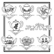 Collection of Aunt Martha’s floral teapots with decorative designs in a grid layout