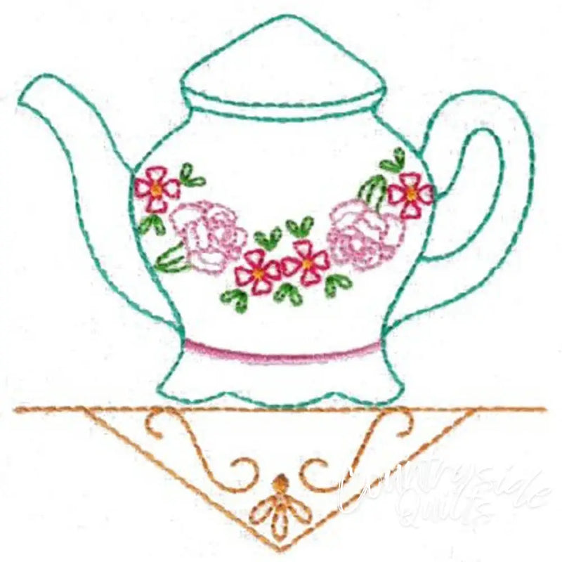Decorative floral teapot with pink and red embroidery from Aunt Martha’s collection