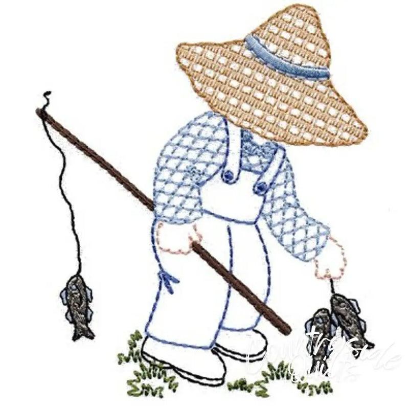 Embroidered Aunt Martha’s Denim Dan figure in overalls and straw hat with fishing pole