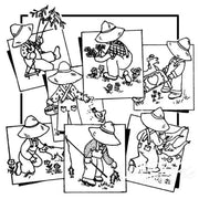 Cartoon sketches of a gardener showcasing activities for Aunt Martha’s Denim Dan