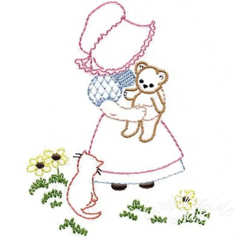 Embroidered figure in a dress with teddy bear among sunflowers, Aunt Martha’s Bonnie Bonnet