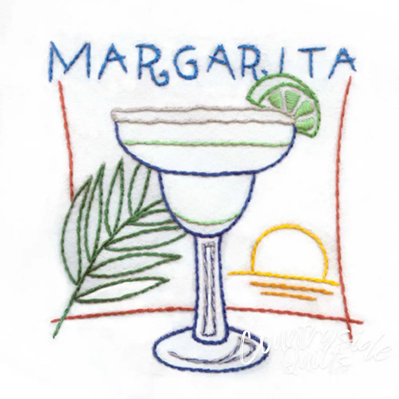 Margarita cocktail glass with lime and palm frond for Aunt Martha’s Happy Hour selection