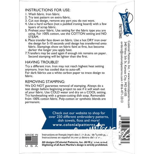 Instructions label detailing usage directions and copyright for Aunt Martha’s Kooky Kitchen