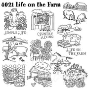 Collection of rustic farm-themed line drawings from Aunt Martha’s quilting designs